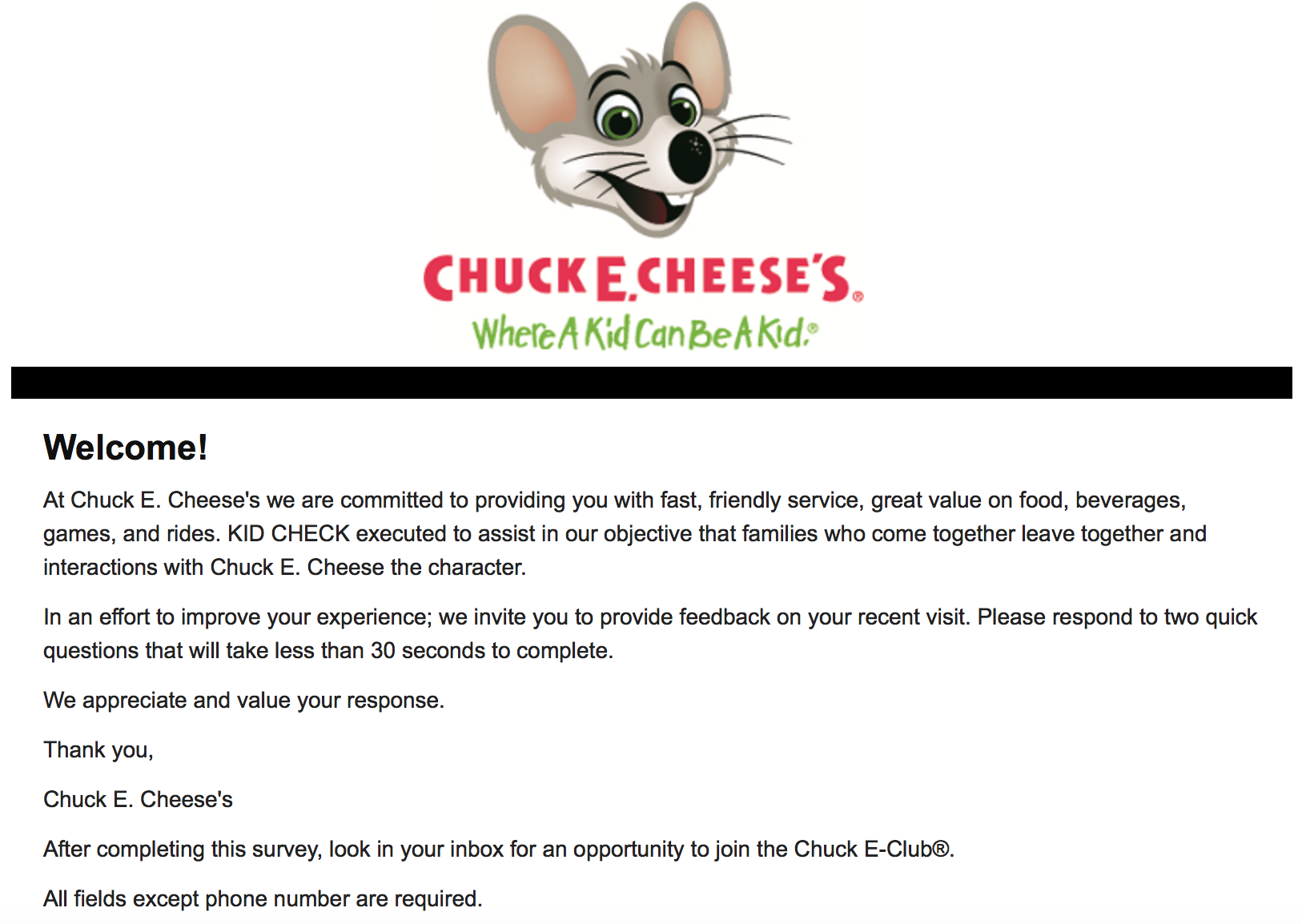 Chucke Cheese Feedback