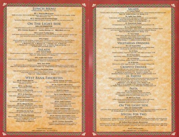 LA HACIENDA MENU