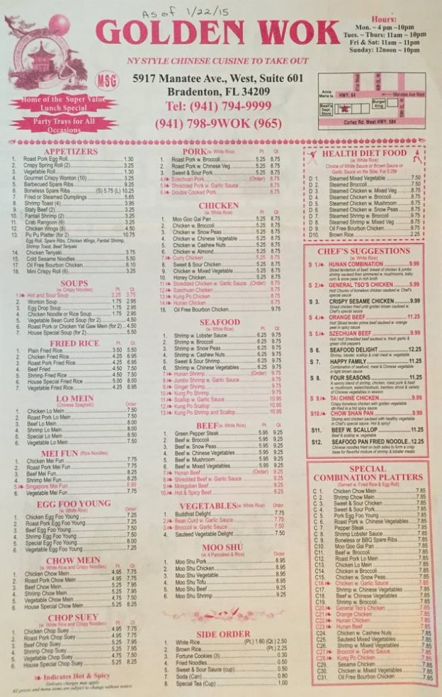 MENU OF GOLDEN WOK