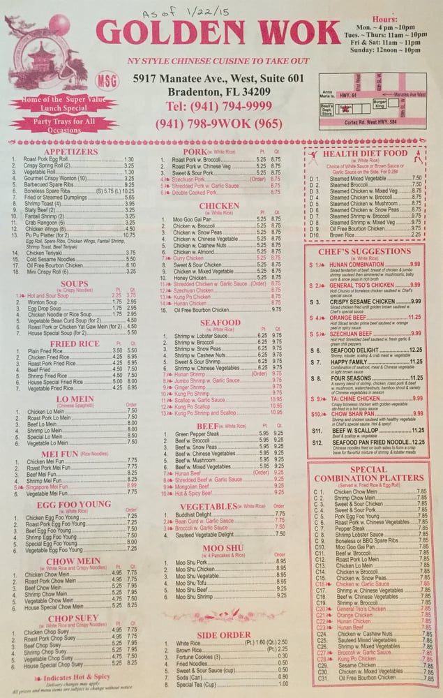 MENU OF GOLDEN WOK